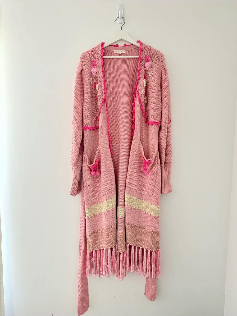 LoveShackFancy Pink Fringe Trim Open-Front Knit Cardigan